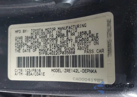 2012 Toyota Corolla Le from USA, damaged, VIN 5YFBU4EE2CP035660